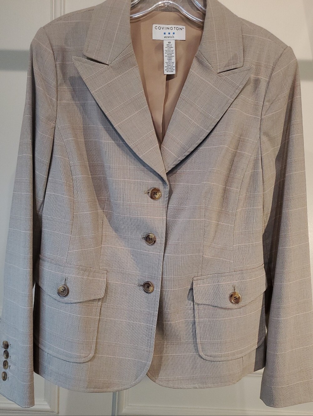Covington Stretch Tan Plaid Tailored Blazer Jacket 3-Button Women's Small